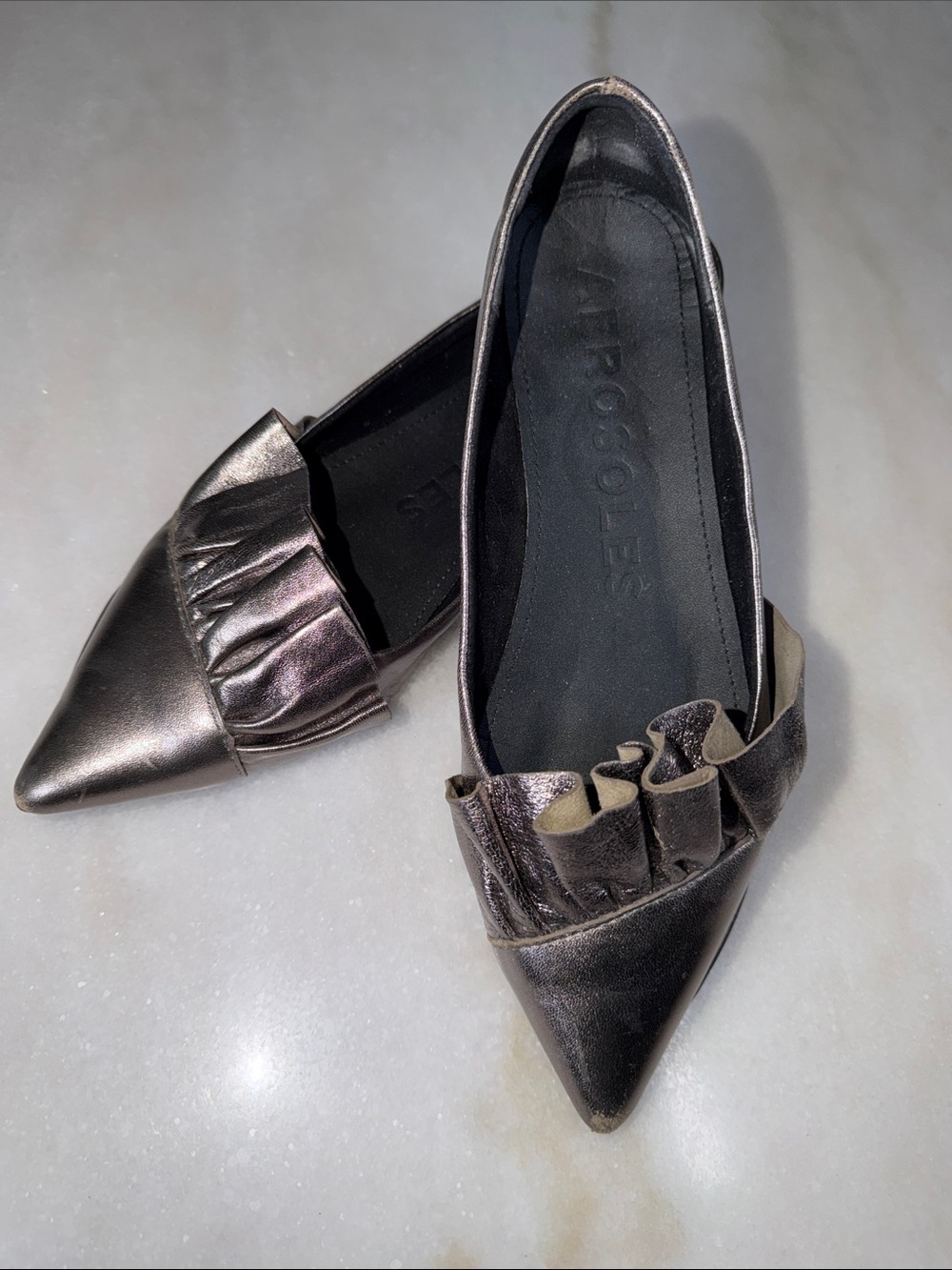 AEROSOLES Metallic Pewter Pointed Toe Flats with Ruffle